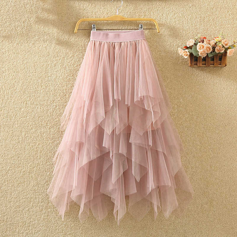Tulle Skirts Faldas Mujer Moda Fashion Elastic High Waist Mesh Tutu Maxi Pleated Long Midi Saias Jupe Women's Skirt 210621