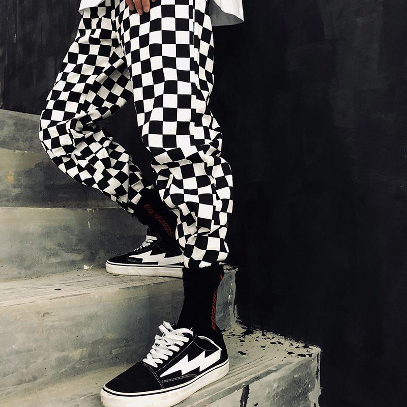 White Black Plaid Joggers Pants Men Hip Hop Retro Checkered Slim Fit Women Streetwear Ankle Zip Skinny Sweat Male Men's
