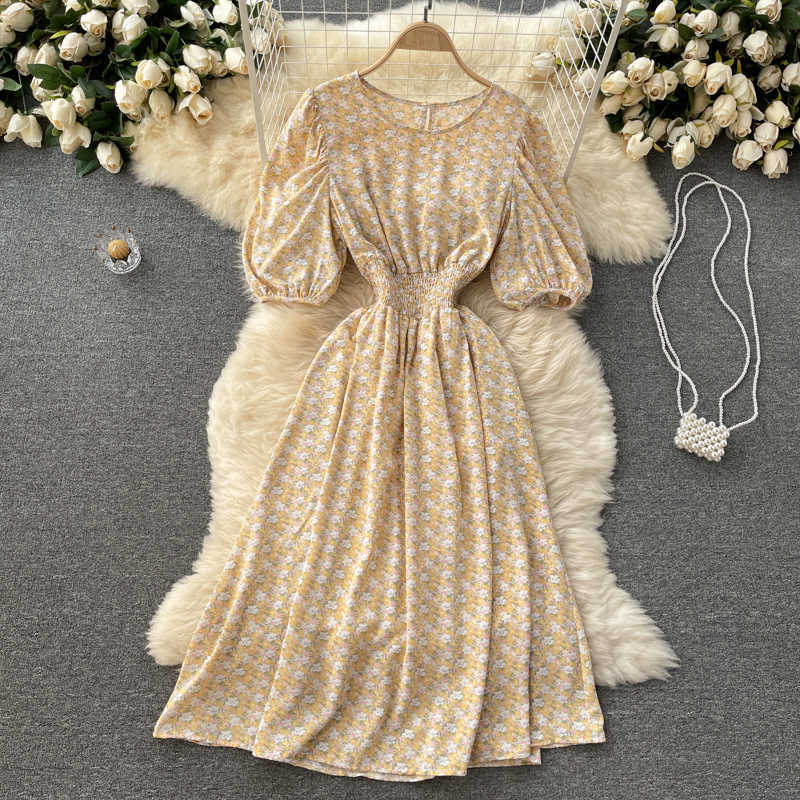 DEAT Women Printing Midi-long Dress Round Neck Three Quarter Sleeve Arrivals Temperament Fashion Spring Summer 11D573 210709