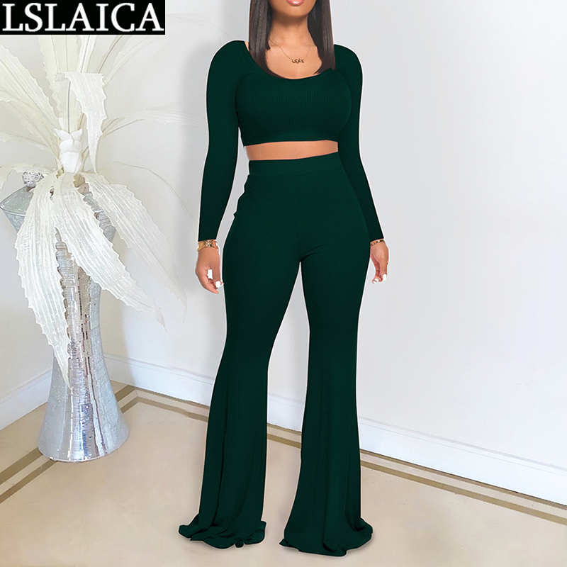Outfits for Women Solid Exposed Navel Loungewear Slim Flared Pants Long Sleeve Arrival Casual O Neck Two Piece Set 210520