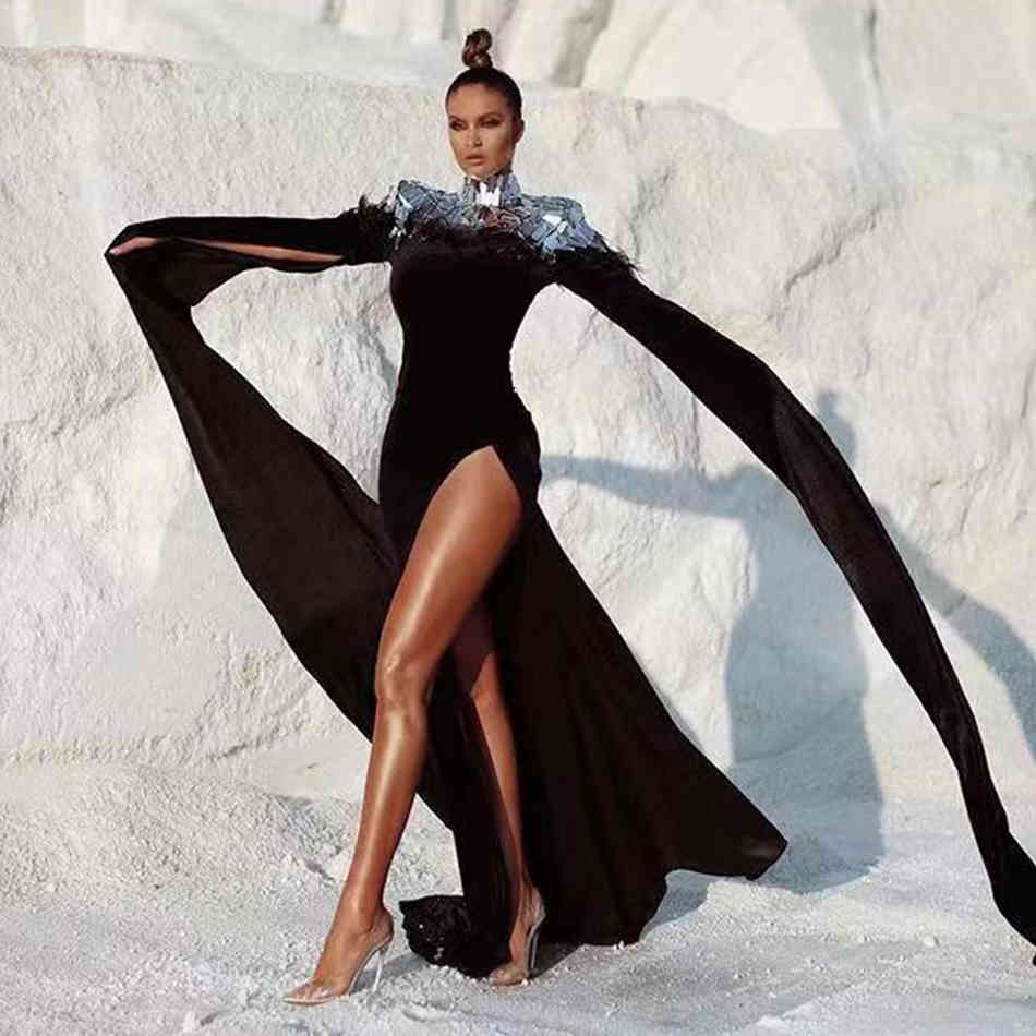 Ladies Celebrity Banquet Cocktail Party Dress Black Sequin Feather High Neck Long Sleeve Sexy 210525