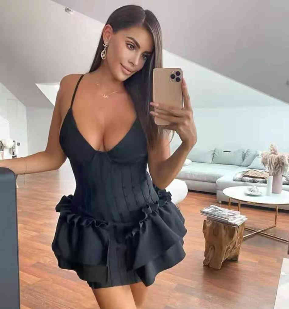 Women'S Red Ruffled Mini Dress Sexy Spaghetti Strap V-Neck Draped Bandage Bodycon Club Vestidos 210525