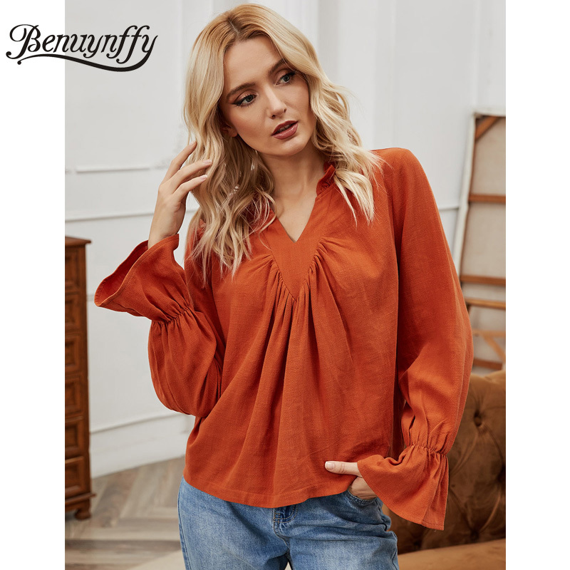 Frill Neck Pleat Front Cotton Linen Blouse Women Spring Flounce Long Sleeve Solid Casual Ladies Tops And Blouses 210510