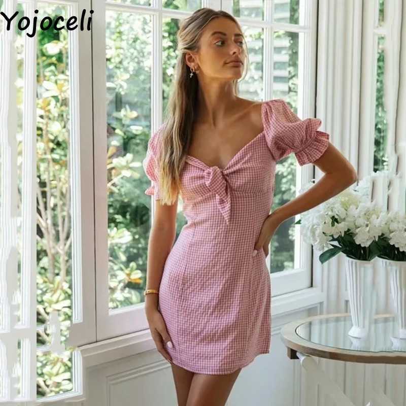 Yojoceli Elegant bow short plaid dres Summer sexy fitness beach daily Casual mini cool ruffle vestidos 210609