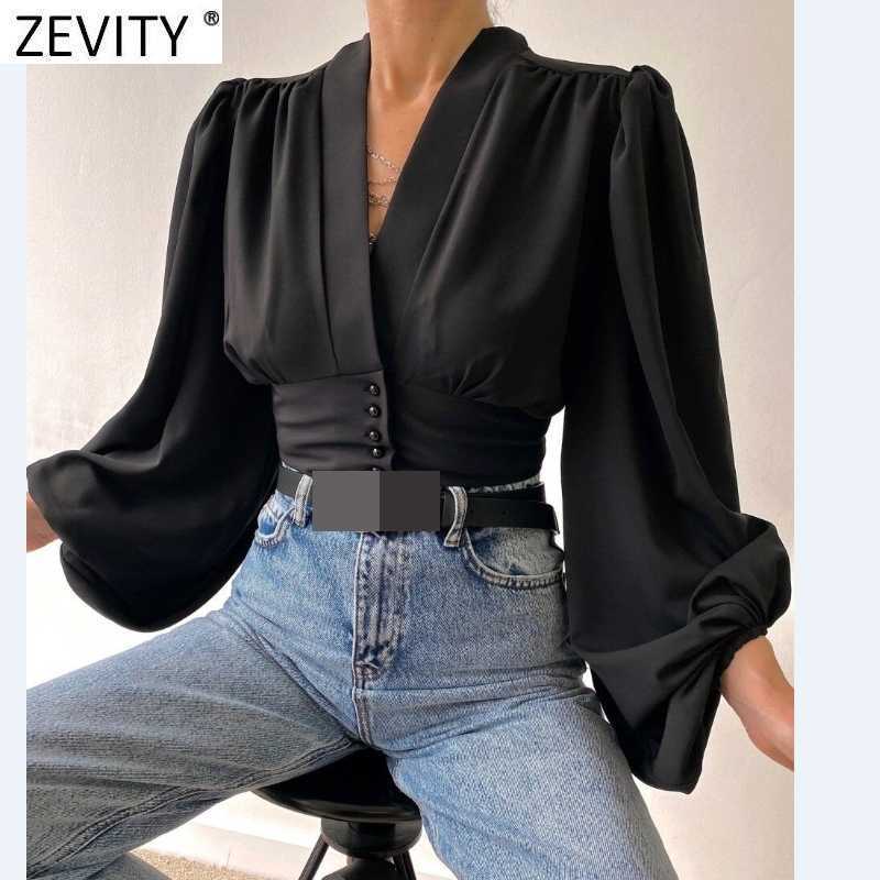 Zevity Women V Neck Black White Color Short Smock Blouse Female Lantern Sleeve Slim Court Shirts Chic Pearl Buttons Tops LS9268 210603
