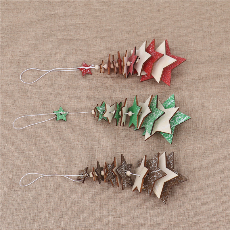 Pendant Five-pointed Star Snowflake String Xmas Ornament Red Green Wooden Christmas Tree Decoration GGE1699 Free shipping