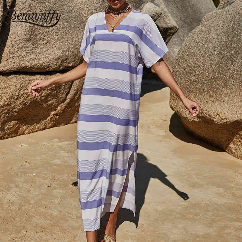 V-neck Striped Print Short Sleeve Dresses Women Fashion Summer Beach Style Casual Female Split Long Dress 210510