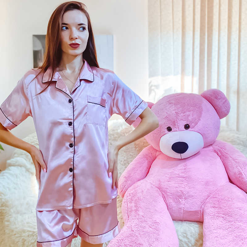 Spring Summer Women Faux Silk Pajamas Set Simple Pure Color Leisure Nightwear Short Sleeves Silky Sleepwear 210924