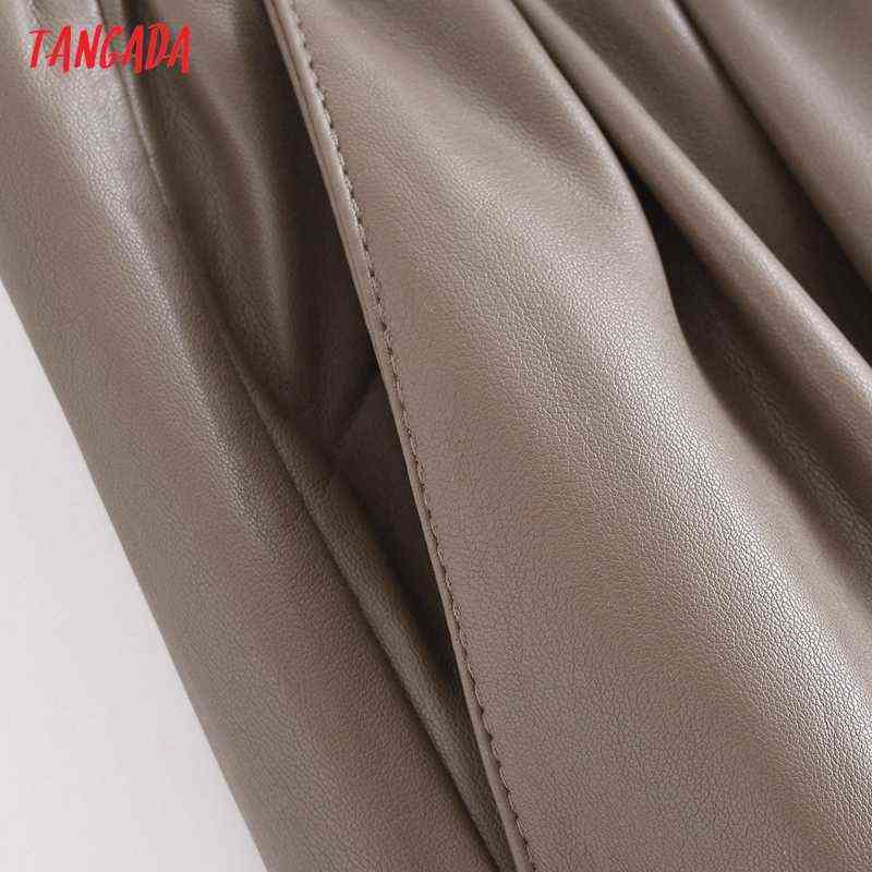 Tangada Women Faux Leather Pants Cargo Strethy Waist Trousers Female Casual QN210 211115