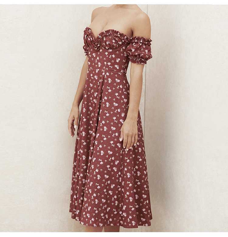 Pink Floral Midi Dress Women Sexy Off Shoulder Ruffle Long Dresses Summer Vintage Strapless Tunic Side Split Print Beach 210526