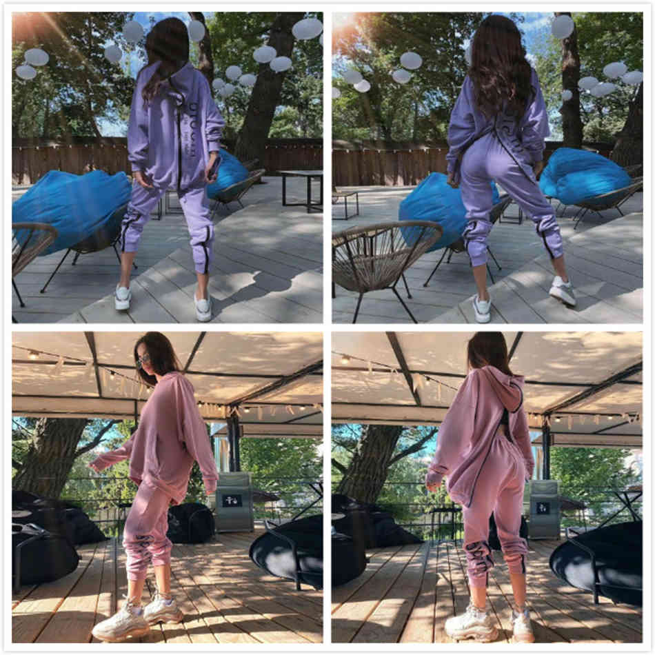 Free Women's Casual Letter Sweater Set Loose Hooded Sweatshirt Elastic Pants Zipper Sportswear 2 Two-piece Sets 210524