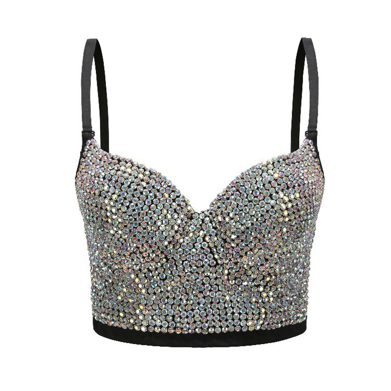 Sexy Rhinestone Crop Top Rave Festival Glitter Bustier Silver Tank Party Night Club Handmade Vest Diamond Bra 210421