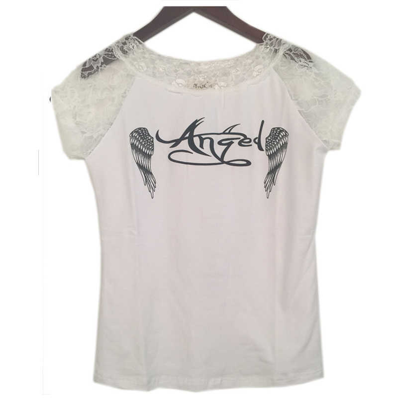 T Shirt White Woman Cotton Women Summer Fashion Print T-shirt Vest Angel Wings Top Casual Women's Lace Short Sleeved T-shirt X0628