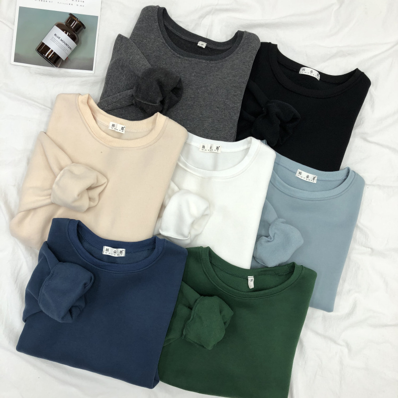 Solid O-neck Pullovers Hoodie Woman Korea Long-sleeved Loose Sweatshirts Women Casual Plus Cashmere Women's Winter Tops 210515