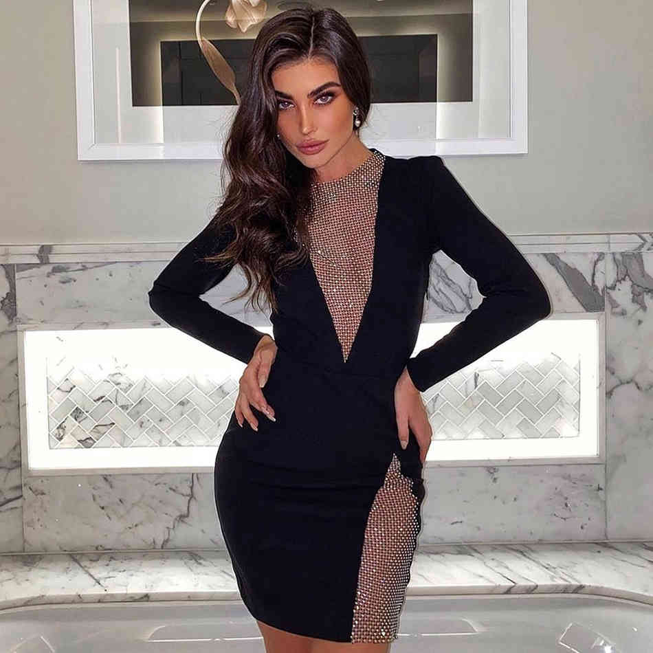 Free Women's Mini Bandage Dress Hollow Fishnet Long Sleeve Sexy Side Open Celebrity Runway Party 210524