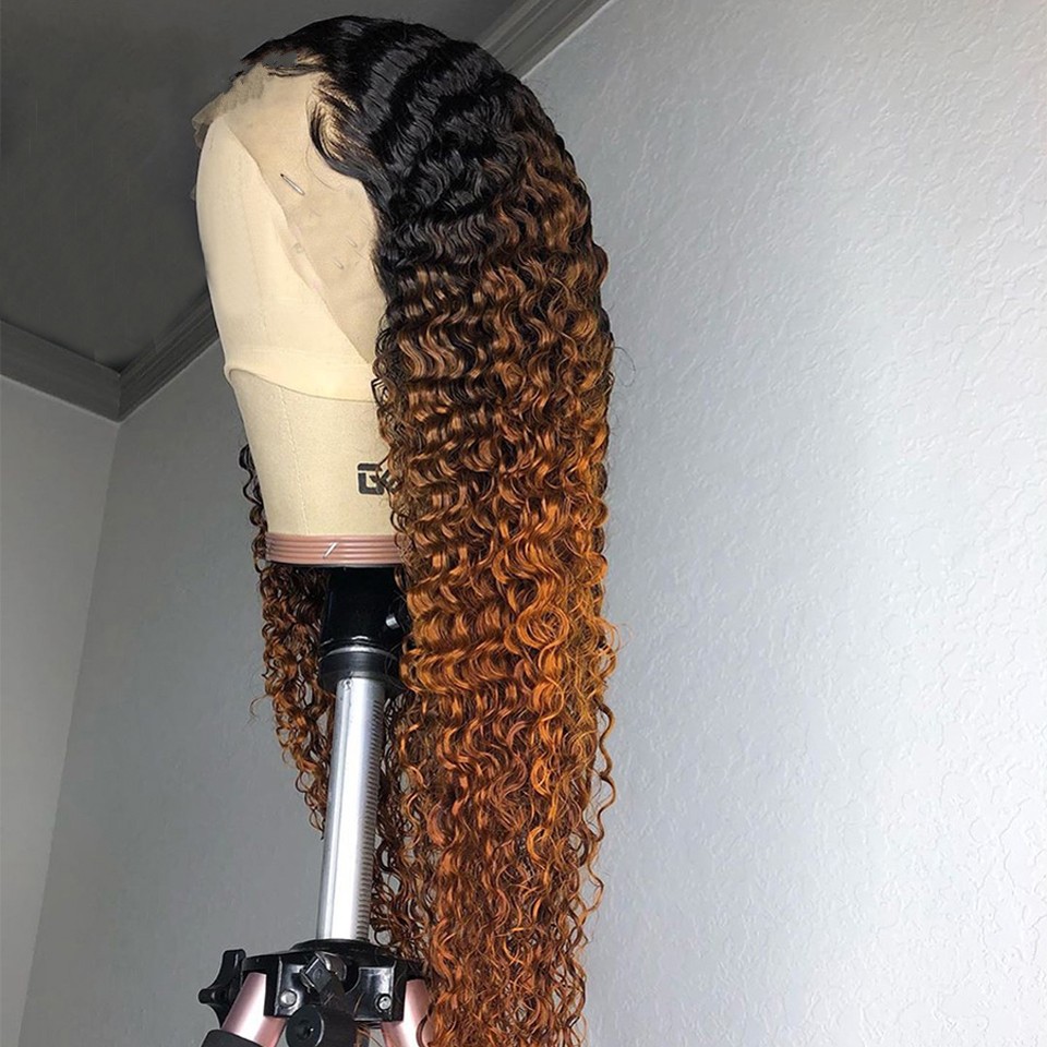 Deep Kinky Curly Wig Full Lace Front Human Hair Ombre Brown Color Synthetic Wigs For Black Women