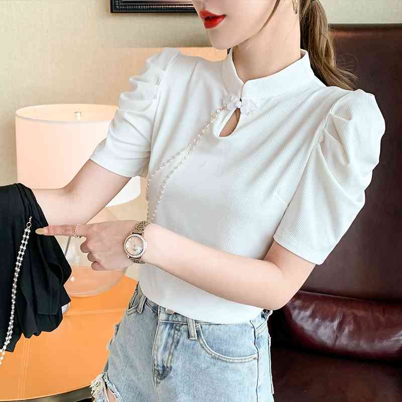 Retro Button Chain Bubble Sleeve Shirt Women's Spring Casual Solid Color Blouse Lady Slim Tops Blusas Mujer White Black 210515