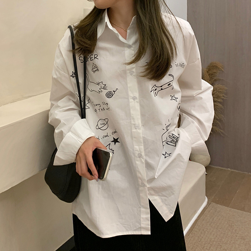 2021 spring autumn womens blouse Korean style Causal Breif Loose Cartoon shirt women outwear coat tops(F4213, White
2021 spring autumn womens blouse Korean style Causal Breif Loose Cartoon shirt women outwear coat tops(F4213, White