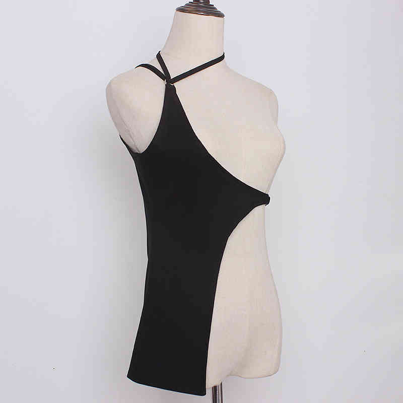 Black Sexy Vests For Women Asymmetrical Collar Sleeveless Bandage Irregular Solid Tank Tops Female Summer 210524