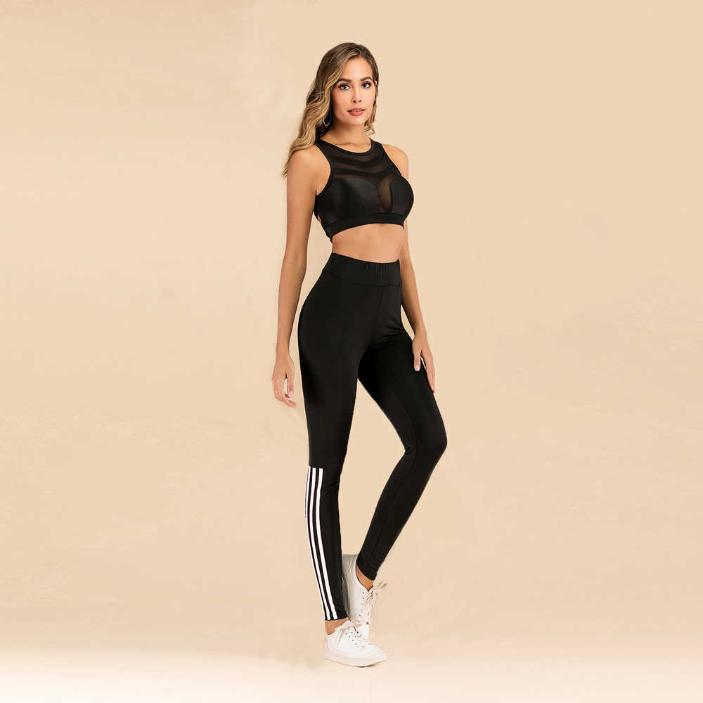 WITHZZ Stretch Fashion Pull Strip Printed High Waist Sportleggings Women Workout Leggings 211014