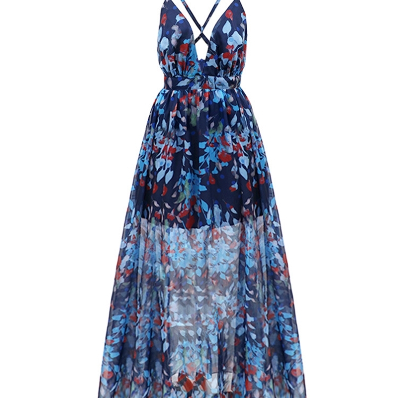 Women Dress Deep V Neck Backless Bohemia es Sexy Long Print Floral Maxi Spaghetti Strap es 210513