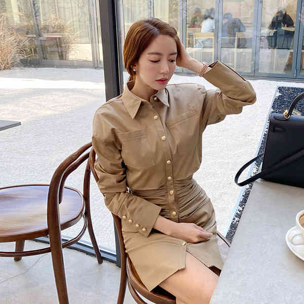 fashion Autumn Office OL Shirt Dress Women Vintage Lapel Long Sleeve High waist casual slim Dresses Female 210519