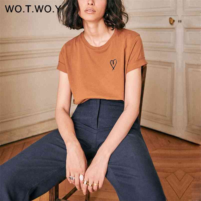 WOTWOY Funny Heart Embroidery Tshirt Summer Solid Cotton T-shirt Casual Knitted Tops Femme Black White Tees 210708, Wt20058caramel
WOTWOY Funny Heart Embroidery Tshirt Summer Solid Cotton T-shirt Casual Knitted Tops Femme Black White Tees 210708, Wt20058caramel