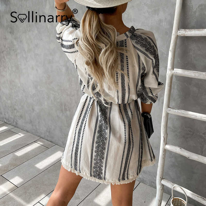 Sollinarry Autumn Beach Lace Up Women Dress Cotton Stripes A-line V Neck Female Mini Dress Regular 3/4 Sleeve Ladies Short Dress 210709