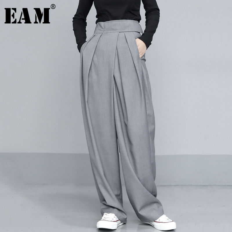 [EAM] High Waist Pleated Gray Brief Long Wide Leg Trousers New Loose Fit Pants Women Fashion Tide Spring Autumn 1T735 210319