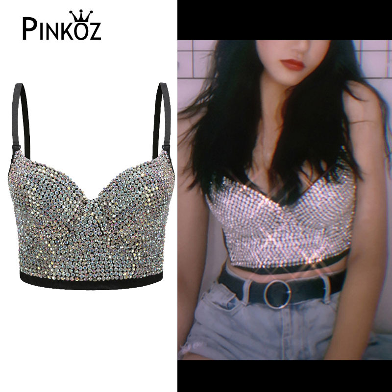 Sexy Rhinestone Crop Top Rave Festival Glitter Bustier Silver Tank Party Night Club Handmade Vest Diamond Bra 210421