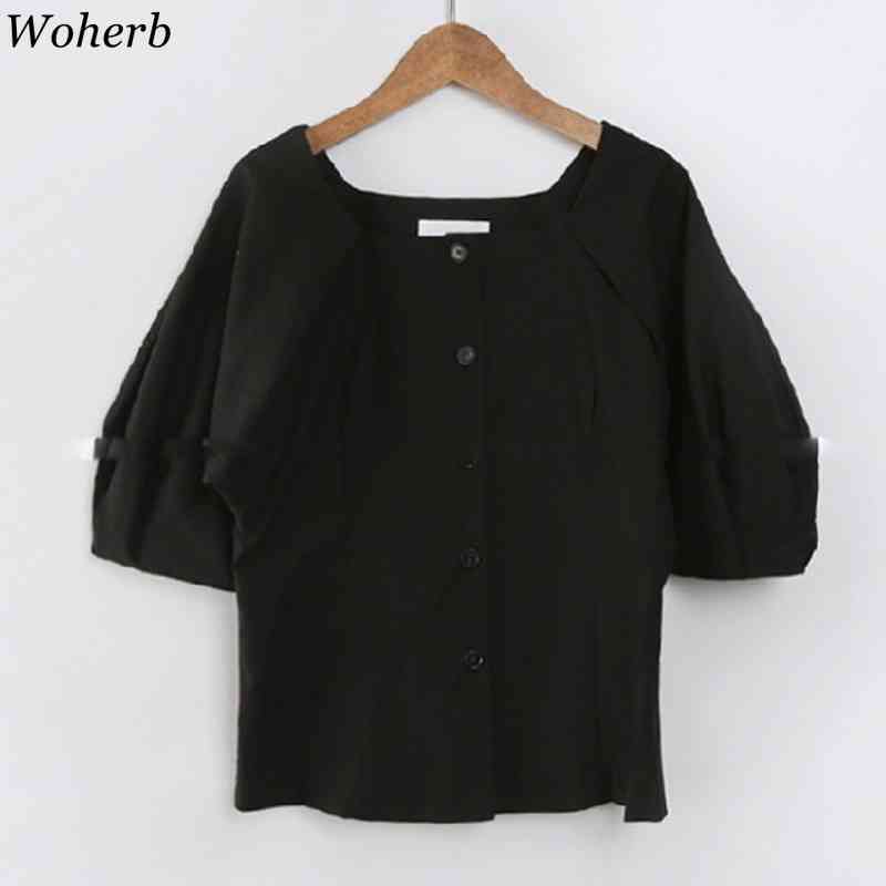 Square Collar Loose Office Lady Shirts Stylish Short Puff Sleeve Girls Single-breasted Blusas Femme Casual OL Blouse 210519
