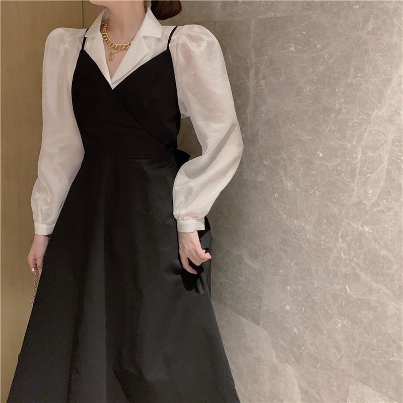 Nomikuma Korean Sweet Women Sets Elegant Puff Sleeve Blouse Shirt + Bow Bandage Sling Dress Spring Two Pieces Sets 6F746 210427