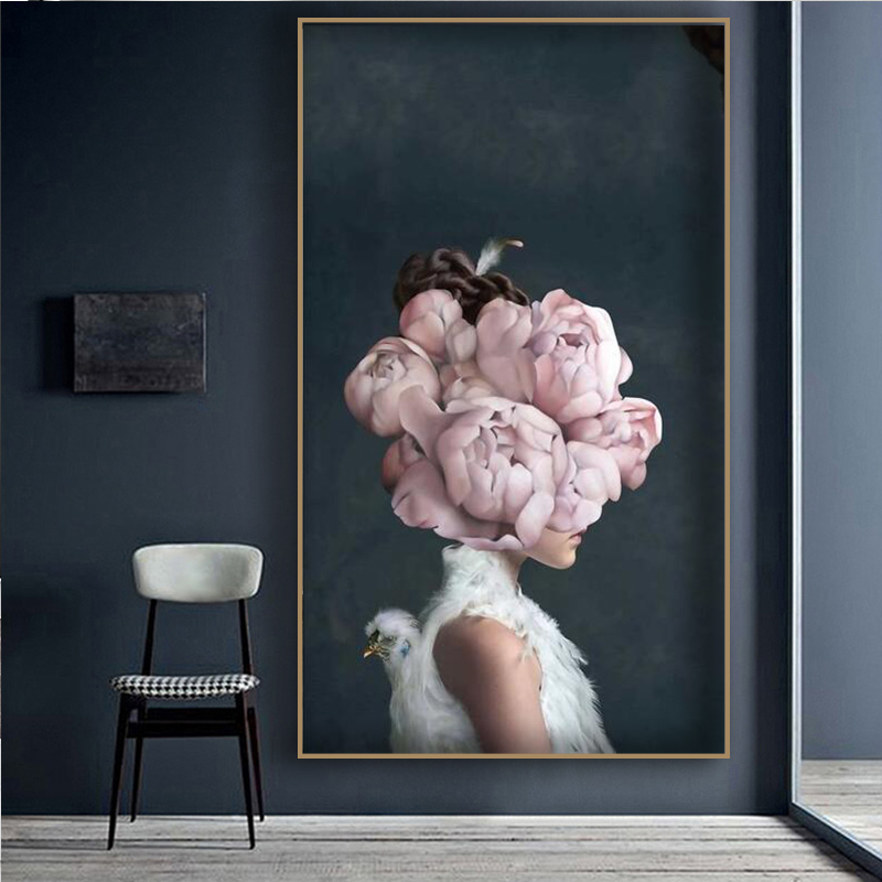 Larger Size Nordic Poster Canvas Print Flowers Butterfly Woman Oil Painting Wall Art Pictures For Living Room Home Decor