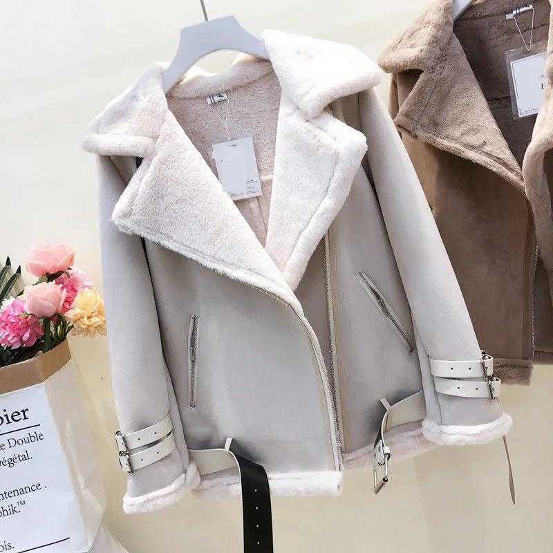 Women Winter Suede Lamb Cold Days Coat Thick Warm Jacket Short Motorcycle Belt Tops Wool Sheepskin Outwear Loose Korea 211019