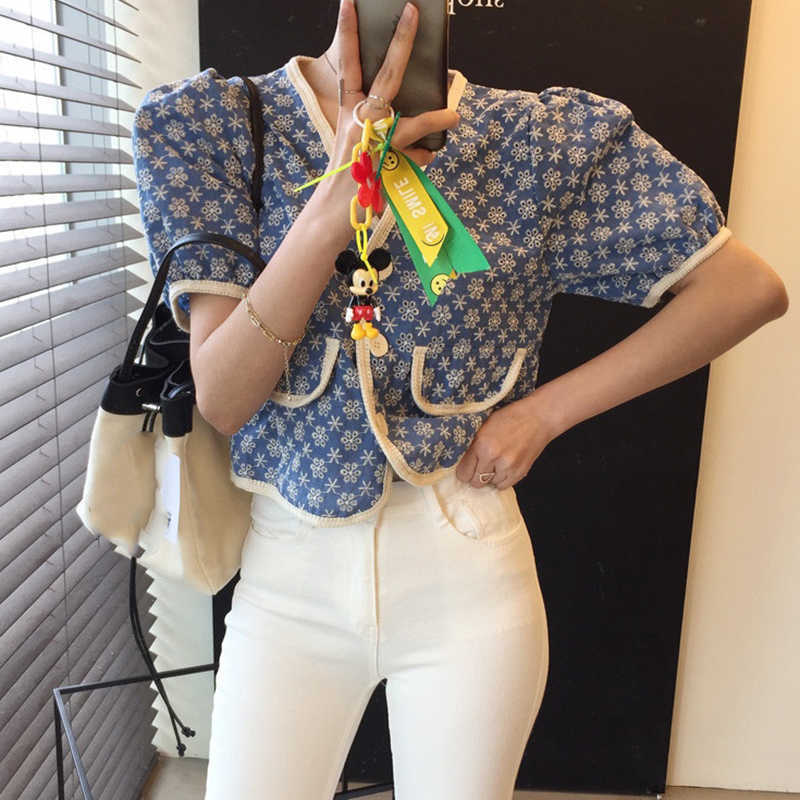Korejpaa Women Shirt Summer Korean Chic Retro Slimming V-Neck Border Contrast Lace Embroidered Flower Puff Sleeve Blouses 210526