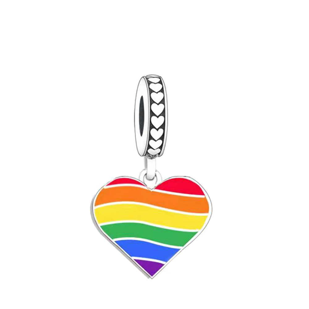 925 Sterling Silver LGBT Rainbow Love Heart Dangle Charm Beads Fit Original PAN Bracelet For Women Making Jewelry