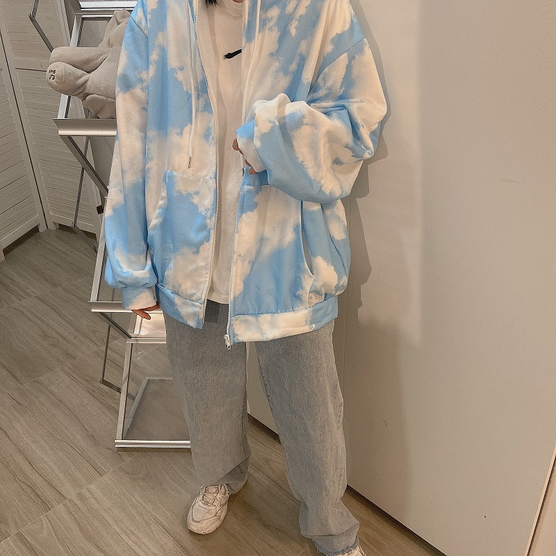 Nomikuma Women Tie Dye Sweatshirt Hooded Coat Causal Long Sleeve Zipper Korean Jacket Autumn Winter Fleece Hoodies 6D286 210427