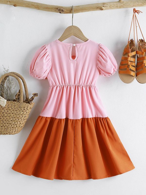 Toddler Girls Two Tone Puff Sleeve A-line Dress SHE