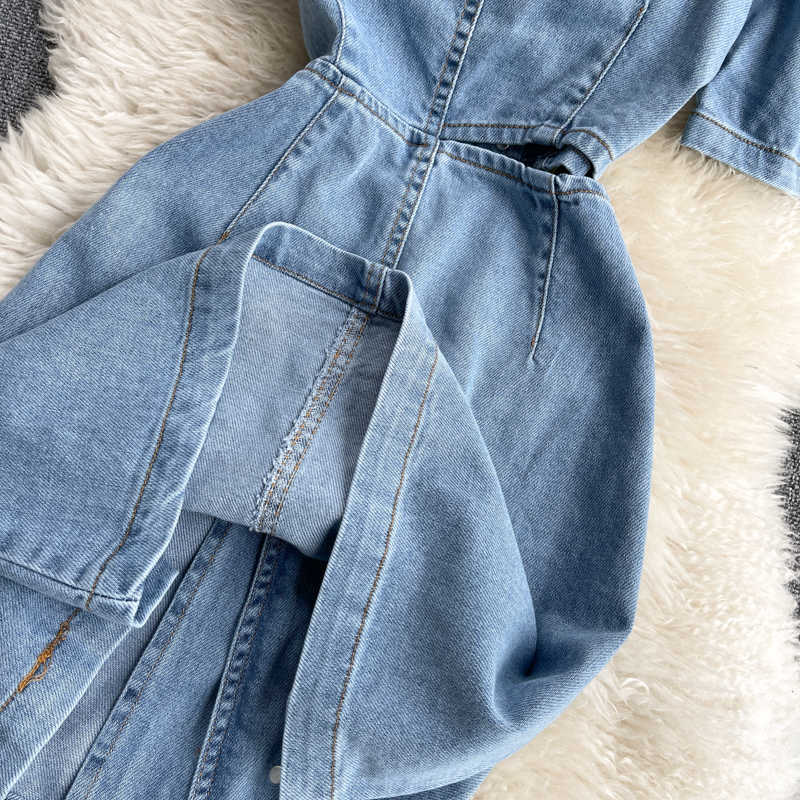 DEAT Women Hollow Out Square Collar Single Breasted Denim Dress Short Sleeve High Waist Fashion Spring Summer 11B595 210709