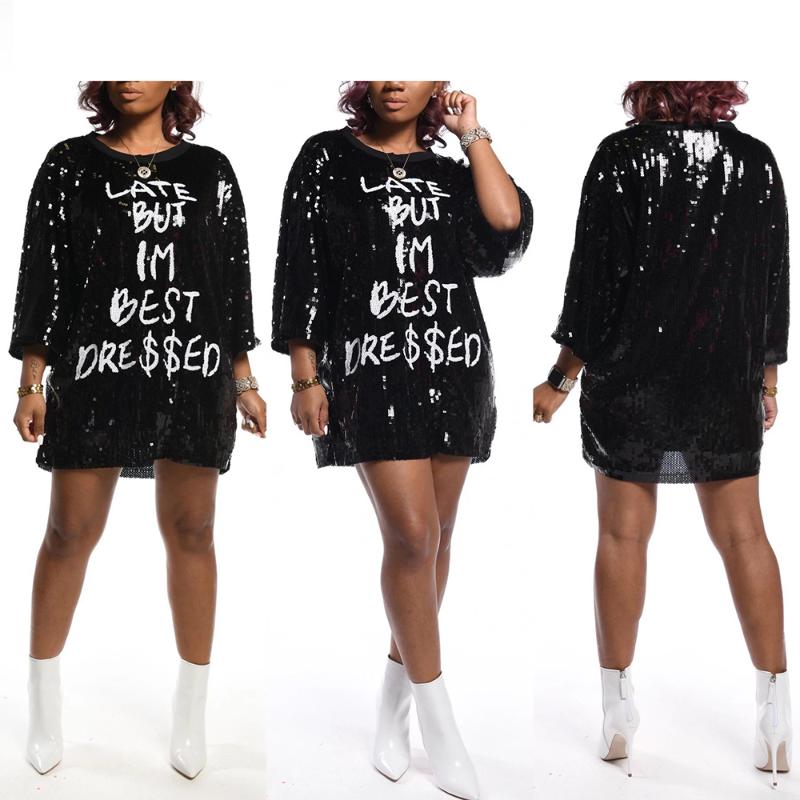 Casual Dresses Women Sequined Letter Print O-Neck Natural Loose Long Sleeve Autumn Stylish 2021 Solid Color Plus Size Female Clothing