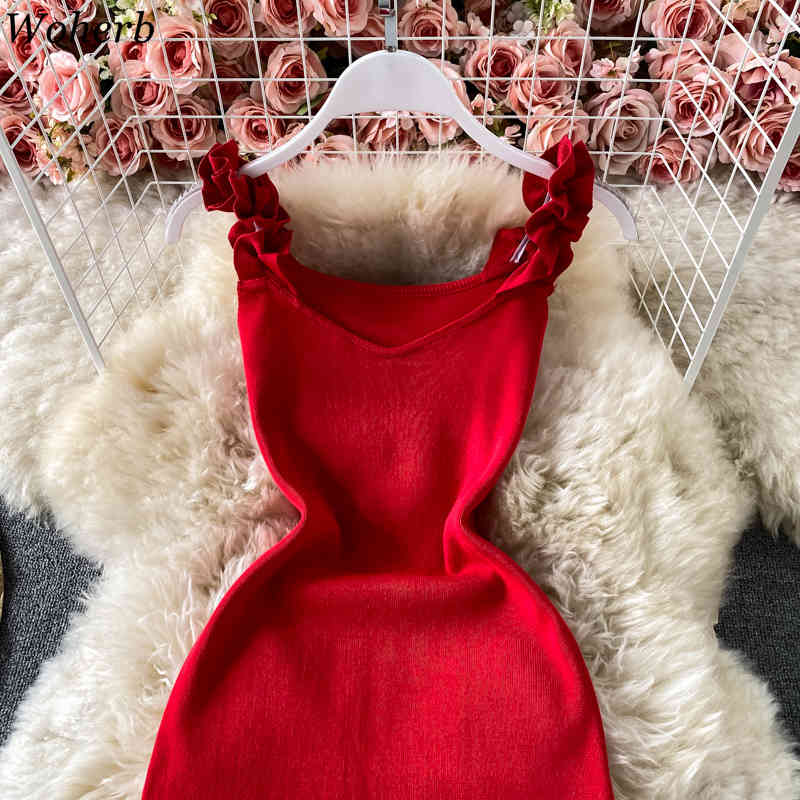 Summer Women Dress Korean Fashion Robe Ruffles Sling Knitted Bodycon Dresses Solid Sleeveless Temperament Vestidos Jumer 210519