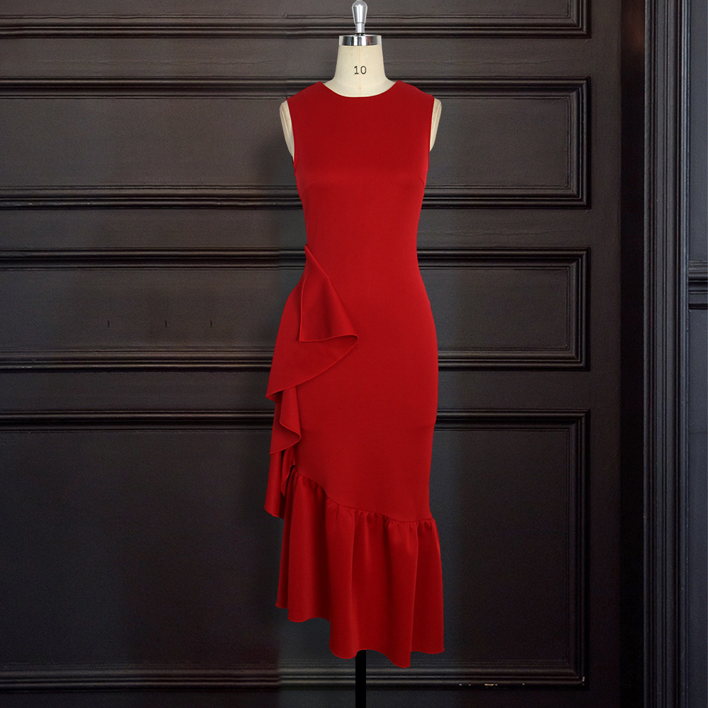 Women Dress Ruffles Irregular Sleeveless Vintage Dresses Asymmetry Plus Size Long Red Clothes Fashion 210524