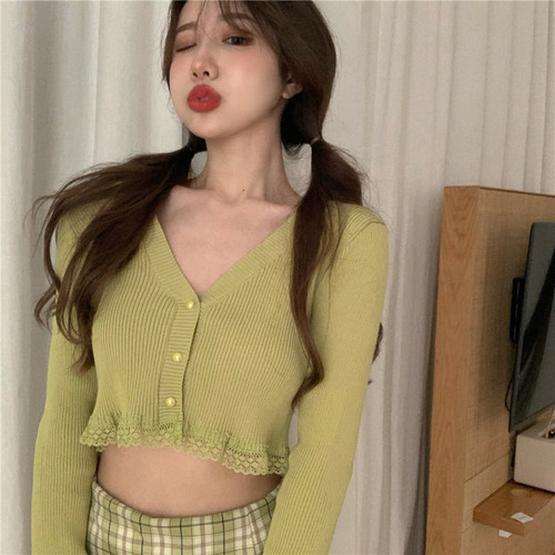 Sexy V Neck T Shirts Women Lace Patchwork Knitted Long Sleeve Shirt Summer Fashion Korean Slim Ladies Tees 10373 210510