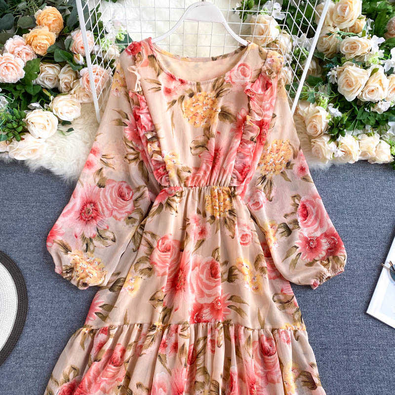 LY VAREY LIN Autumn Women Elegant Floral Print Dresses Puff Sleeve O Neck High Waist Ruffled Hem A Line Loose 210526