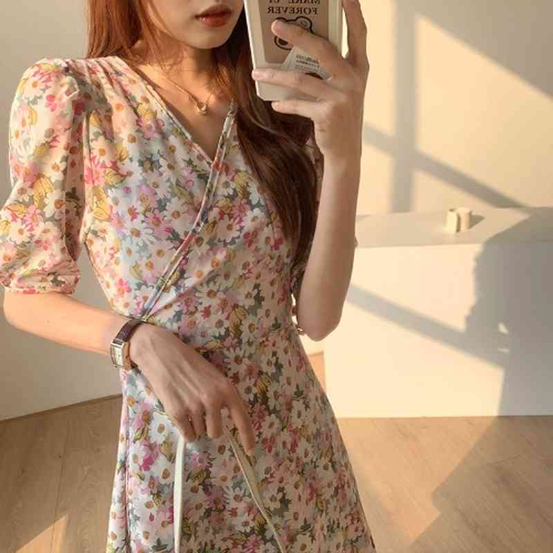 Neploe Women Short Sleeve Dress Print V Neck Female Elegant Chiffon High Waist A-line Dresses Korean Fashion Vintage Vestidos 210422