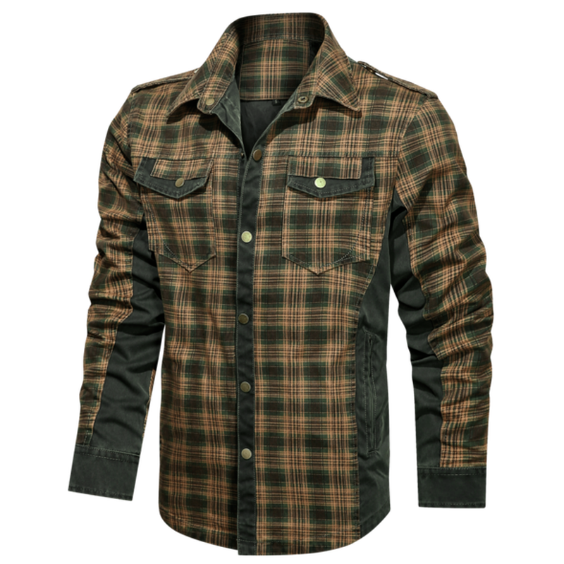 Fall 2021 new men's lapel shirt jacket jacket long-sleeved plaid stitching retro European and American code four seasons, Black;brown 
Fall 2021 new men's lapel shirt jacket jacket long-sleeved plaid stitching retro European and American code four seasons, Black;brown