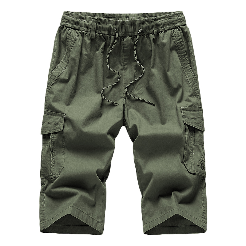 Mens Long Khaki Cargo Shorts Breeches Three Quarter Trouser Cotton Bermuda Male Straight Pocket Men Casual Shorts 210518