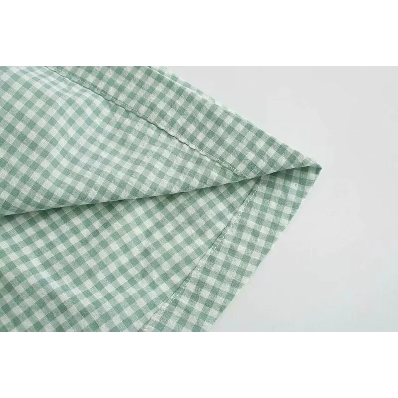 vintage female knee-length dresses summer green women fashion ladies mid plaid loose girls dress 210430