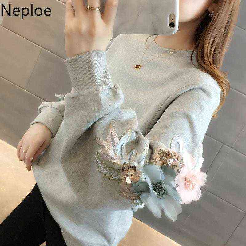 Neploe Thicked Flower Embroidery Hoodies O Neck Long Sleeve Ins Warm Sweatshirt Autumn Spring Solid Ladies Top 48207 211109