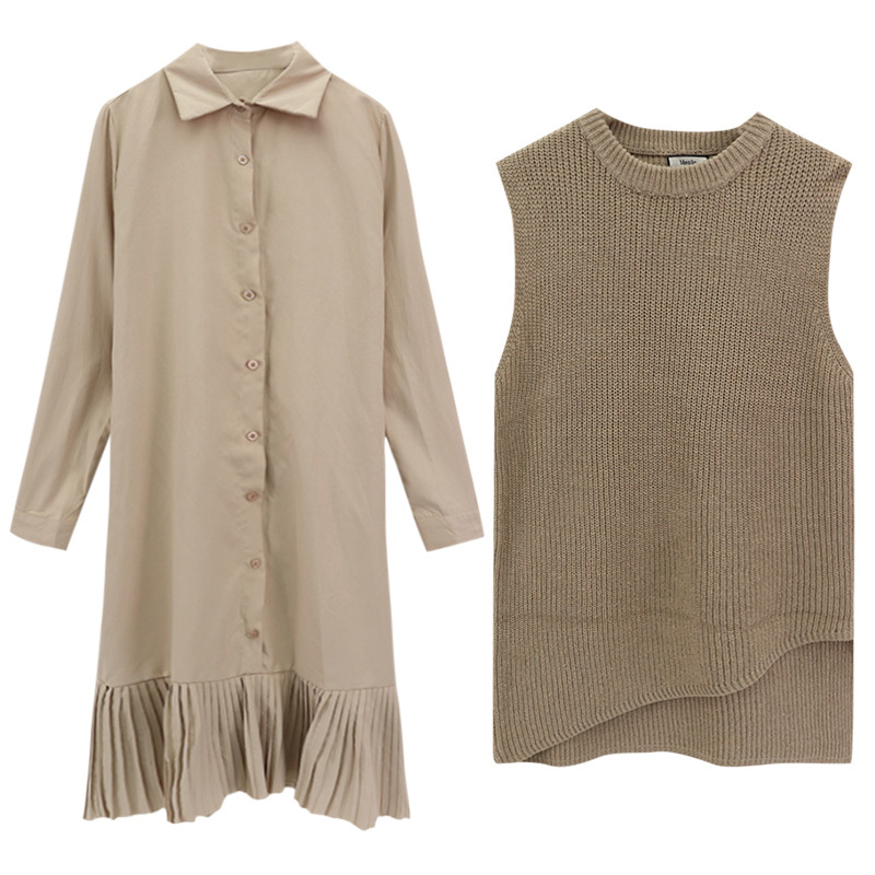 Elegant Two Pieces Set Women Loose Sleeveless Vest + Pleated Long Shirt Dress Autumn Ladies Korean Chic Duit Outfits 210519